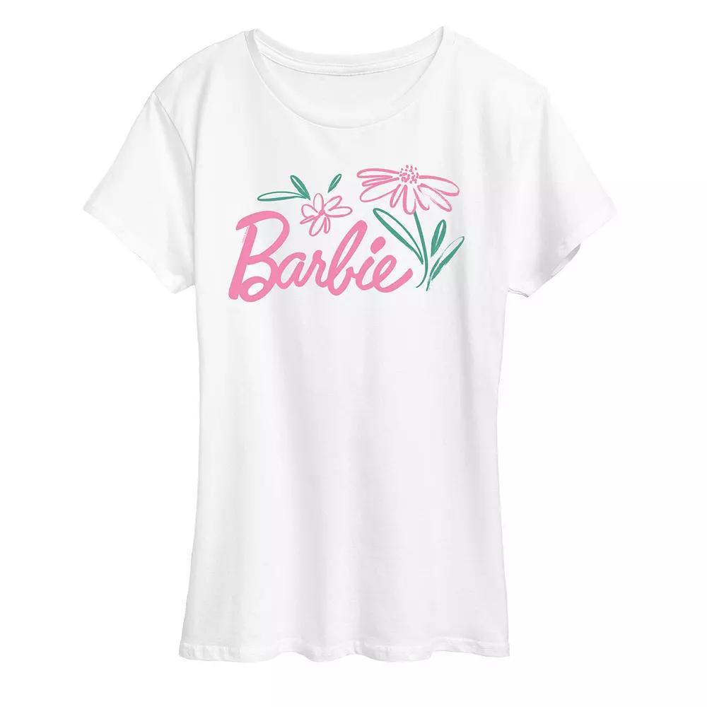 Womens Barbie Logo Brushed Flowers Graphic Tee Product Image