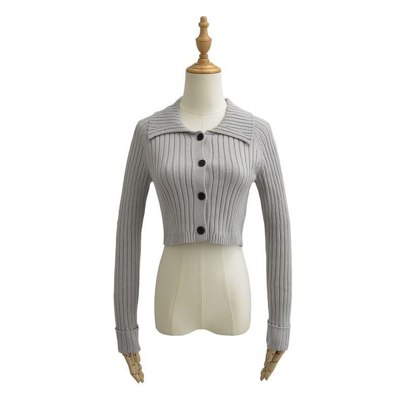Collared Plain Ribbed Knit Cropped Cardigan Product Image