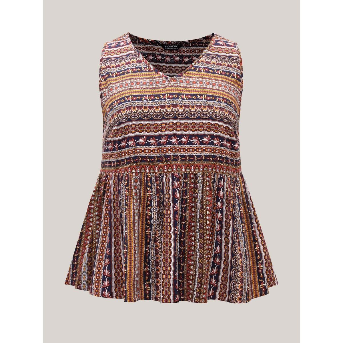 Plus Size Boho Stripe Print V-Neck Tank Top Women Indigo Gathered V-neck Vacation Tank Tops Camis BloomChic 30/6X Product Image