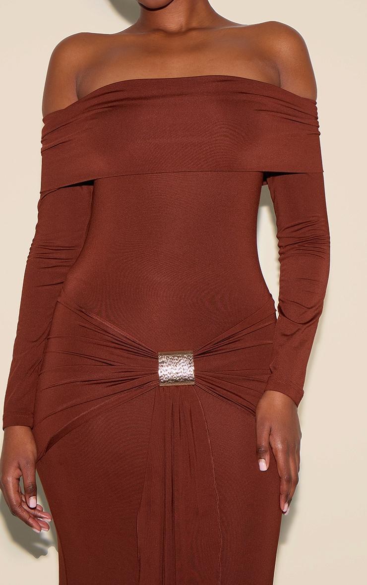  Chocolate Bardot Long Sleeve Trim Drape Detail Maxi Dress Product Image