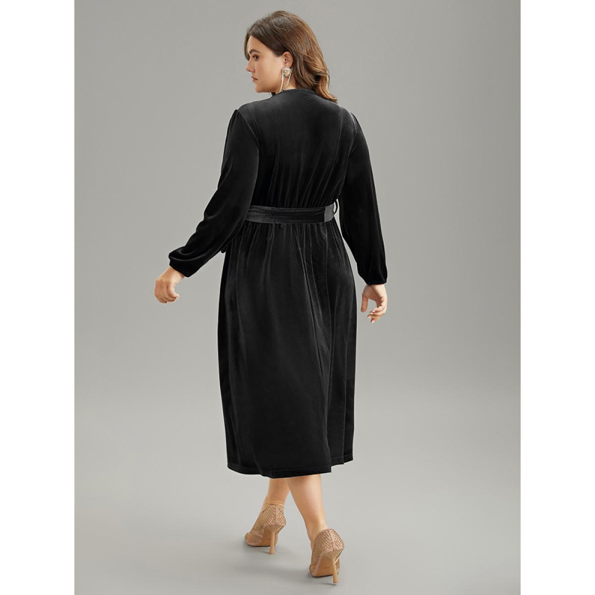 Plus Size Solid Velvet Belted Wrap Arc Hem Dress Deeppurplered Women Elegant Elastic cuffs Overlap Collar Long Sleeve Curvy Midi Dress BloomChic 30/6X Product Image