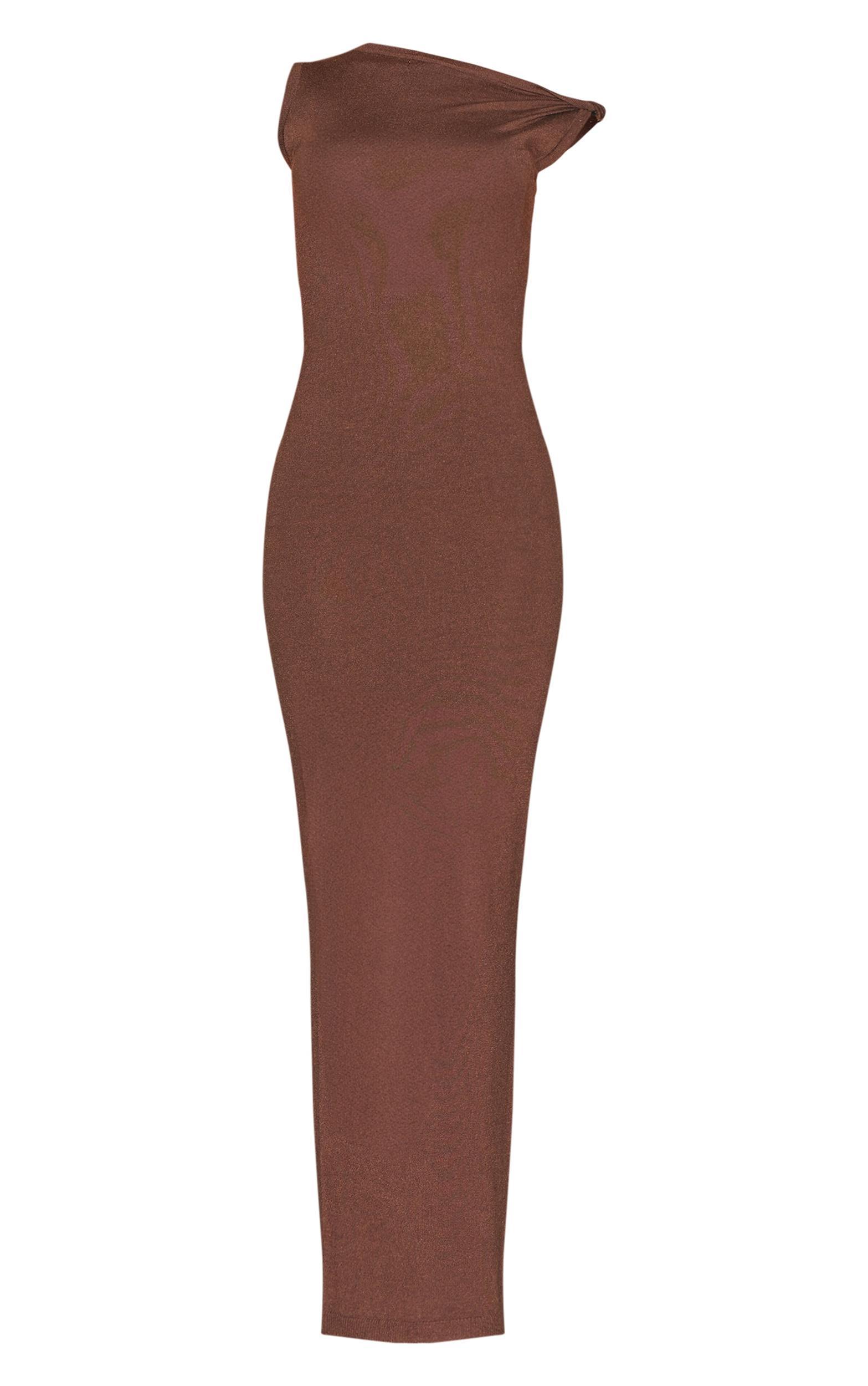 Chocolate Basic Knit Asymmetric Twist Sleeve Maxi Dress Product Image