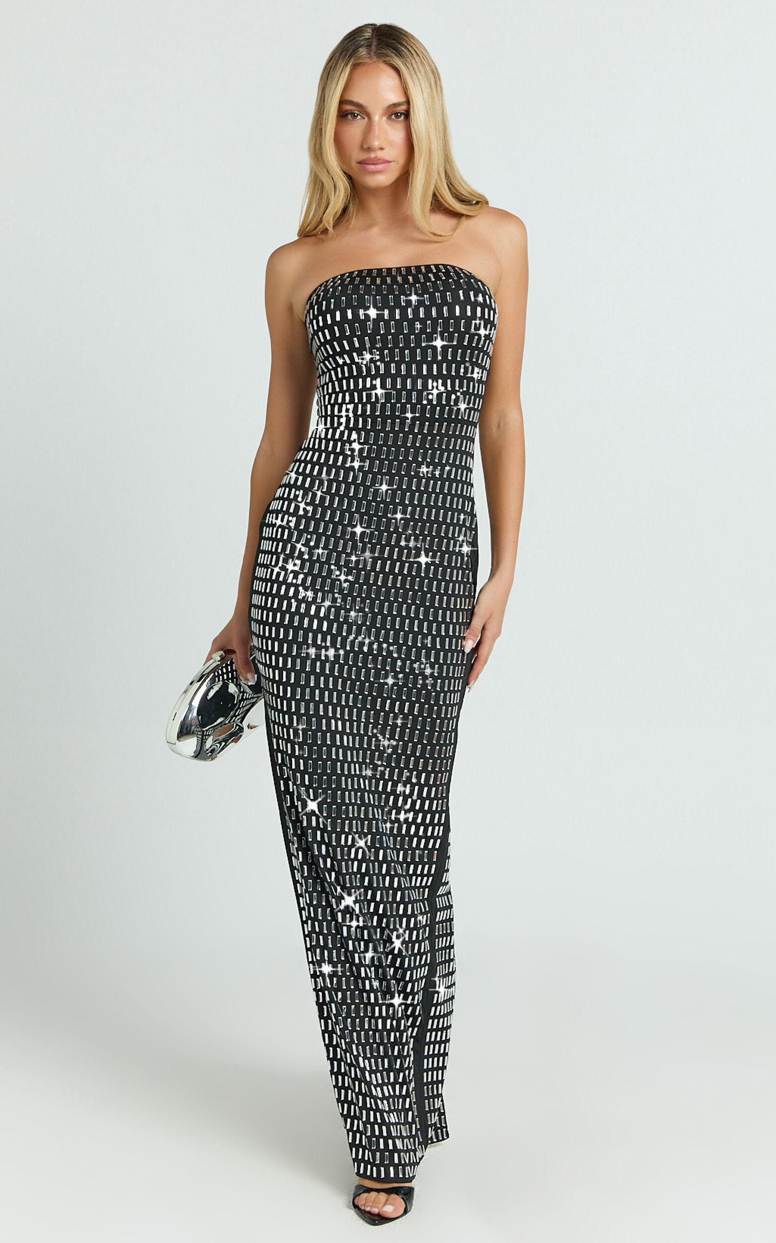 Joyce Maxi Dress - Heat Press Strapless Dress in Black Product Image