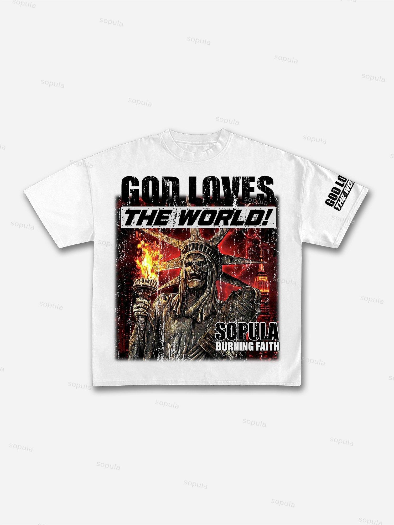 God Loves The World Burning Skull Statue Of Liberty Vintage Graphic Cotton T-shirt Product Image