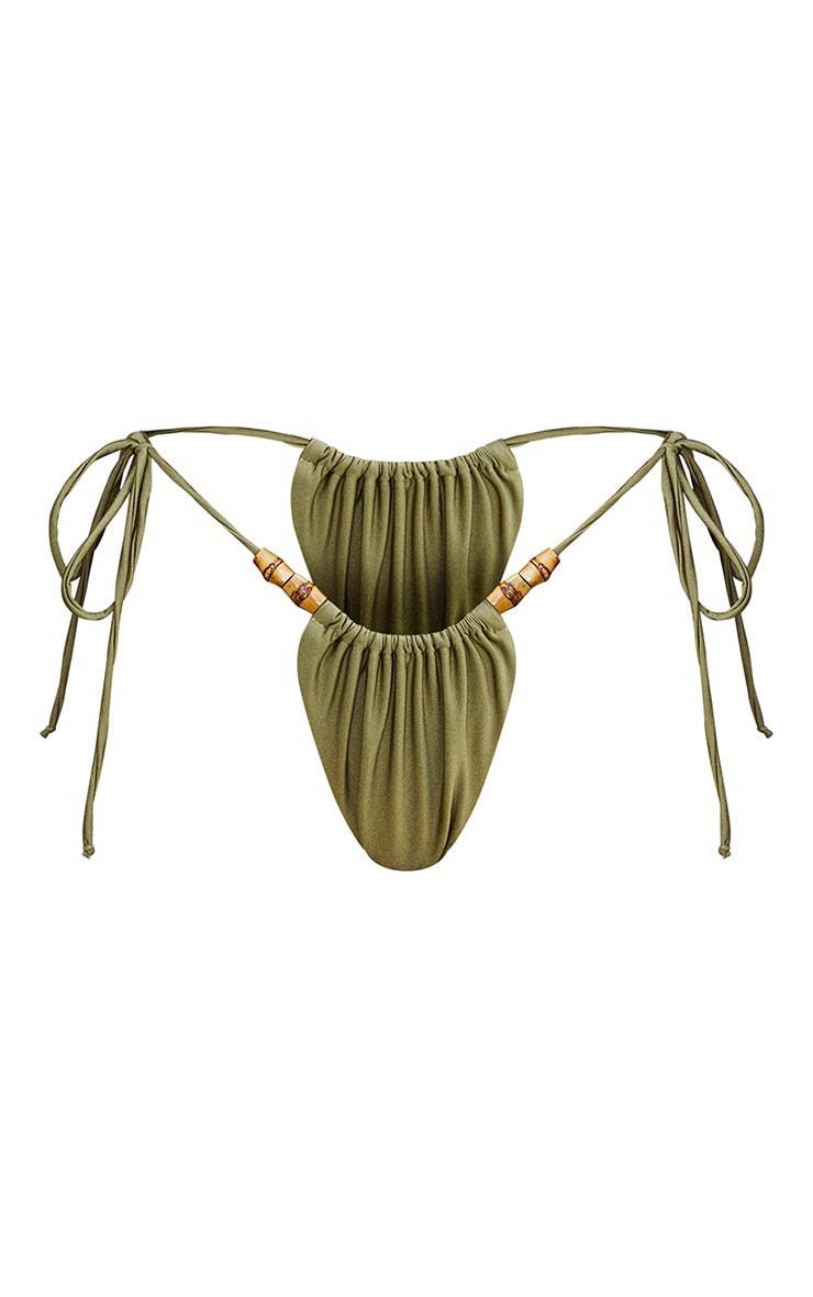 Olive Wooden Bead Ruched Tie Side Bikini Bottoms Product Image