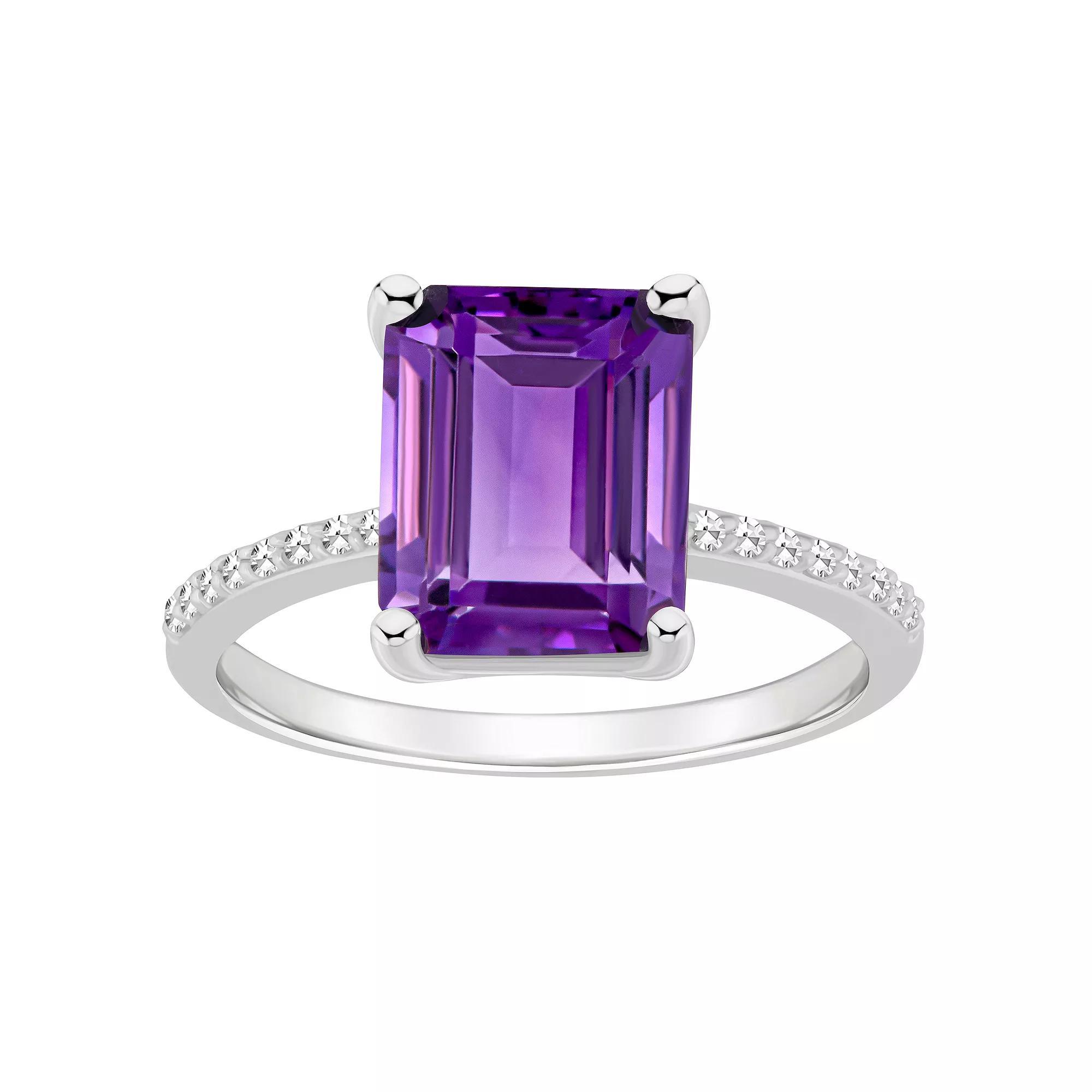 Alyson Layne Sterling Silver 10 mm x 8 mm Emerald Cut Gemstone & 1/10 Carat T.W. Diamond Ring, Womens Purple Product Image