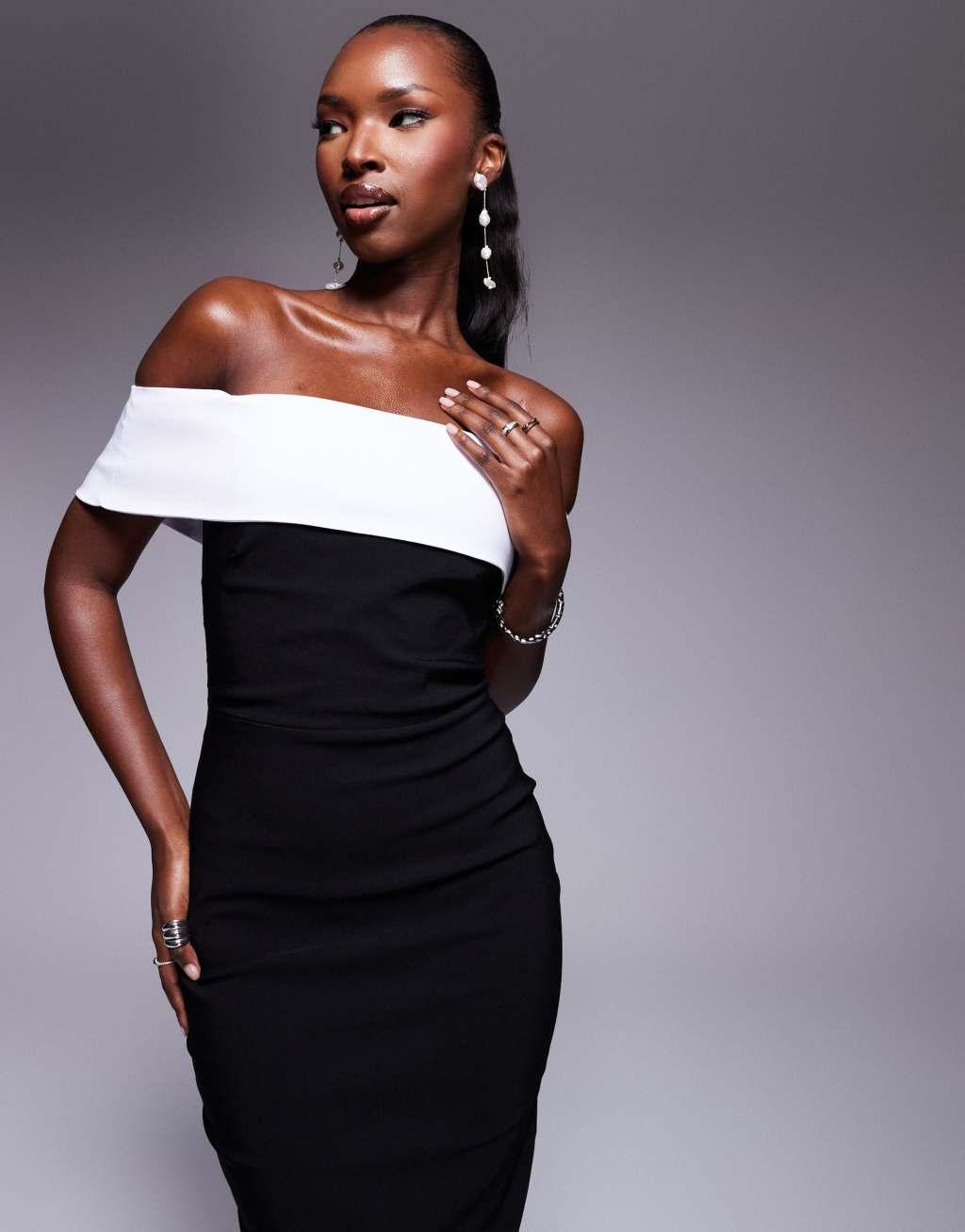 Vesper off shoulder midi dress in mono contrast Product Image
