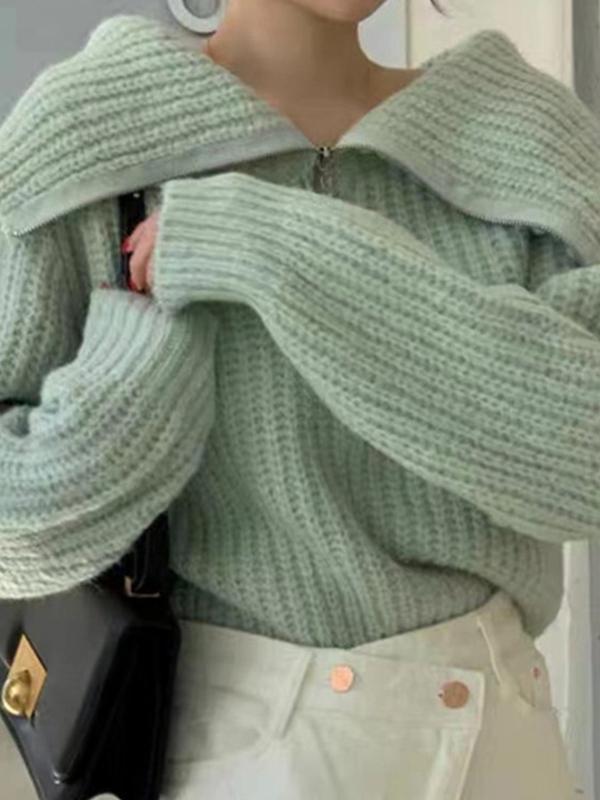 Solid Big Lapel Neck Half Zip Sweater Product Image