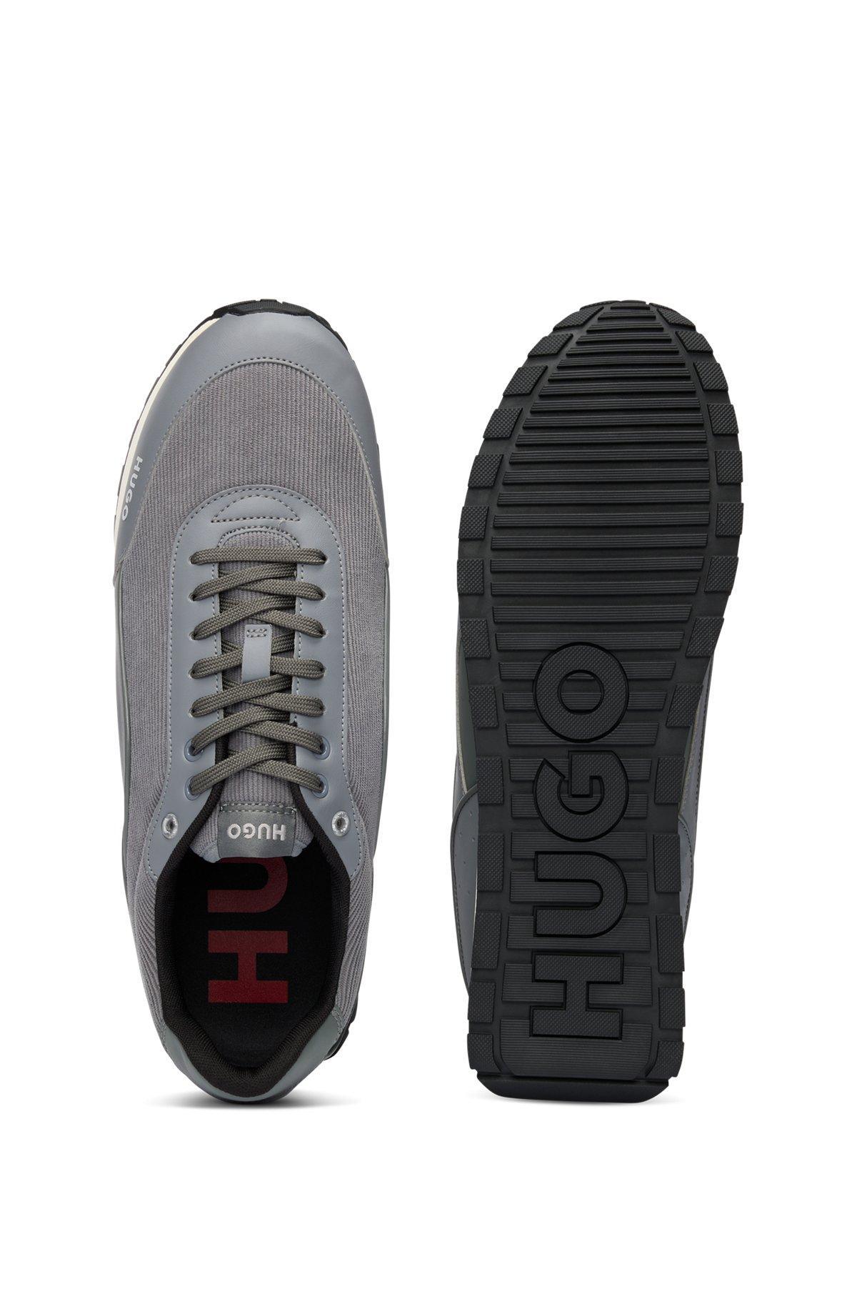 HUGO - Mixed-material trainers with corduroy-effect trims - Grey Product Image