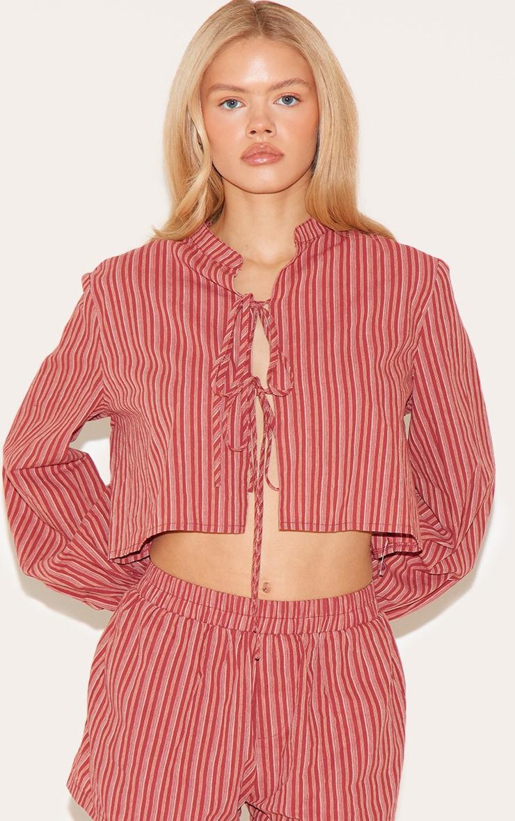  Red Striped Linen Cropped Shirt Product Image