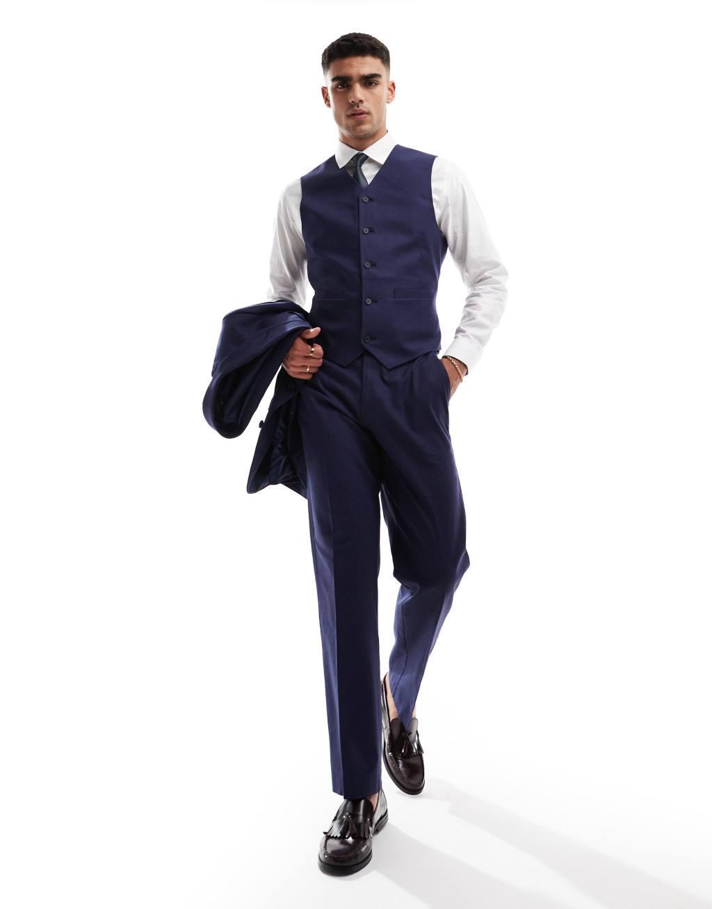 ASOS DESIGN slim with linen suit vest in navy Product Image