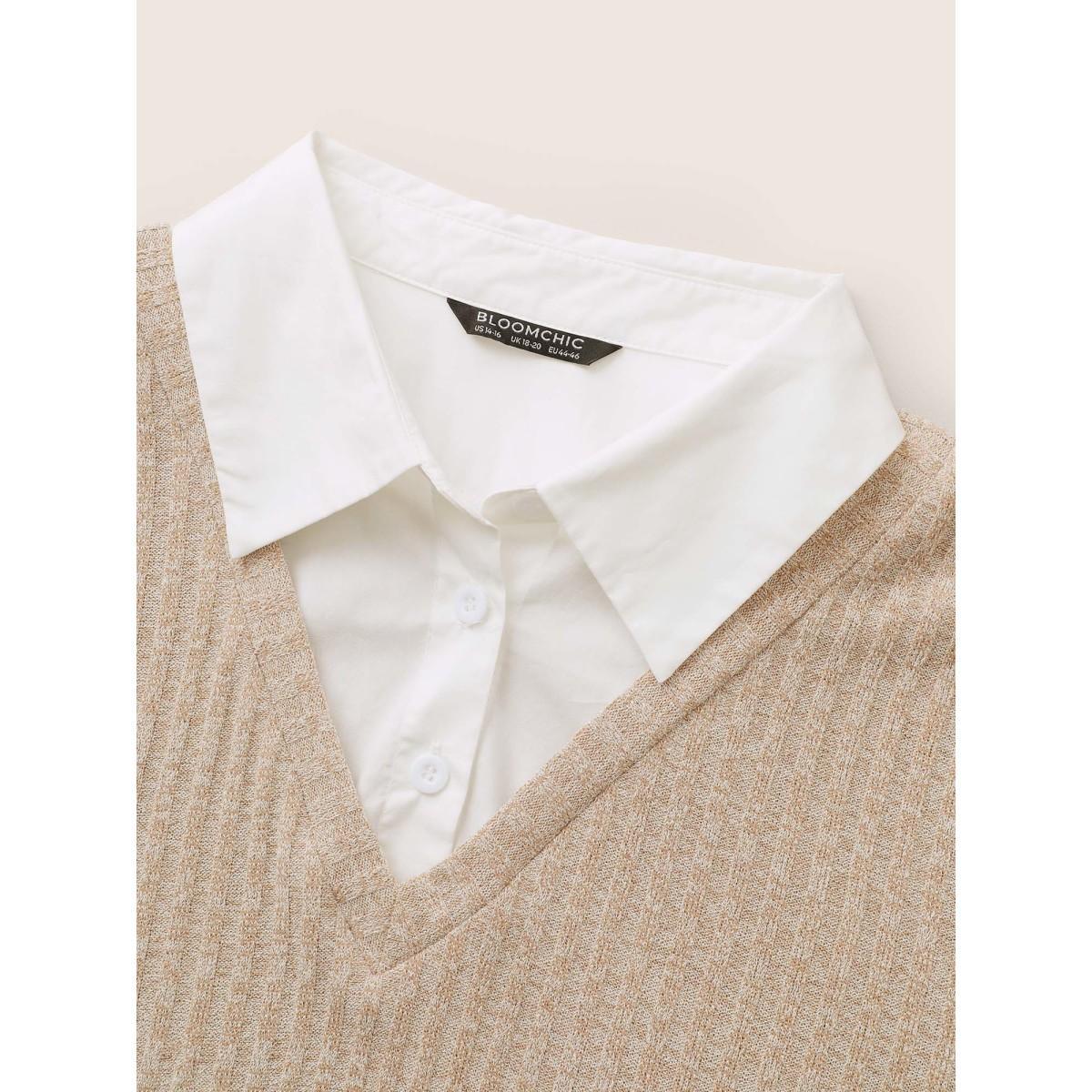 Plus Size 2-In-1 Patchwork Shirt Collar Sweatshirt Women Tan At the Office Contrast Shirt collar Work Sweatshirts BloomChic 12/L Product Image