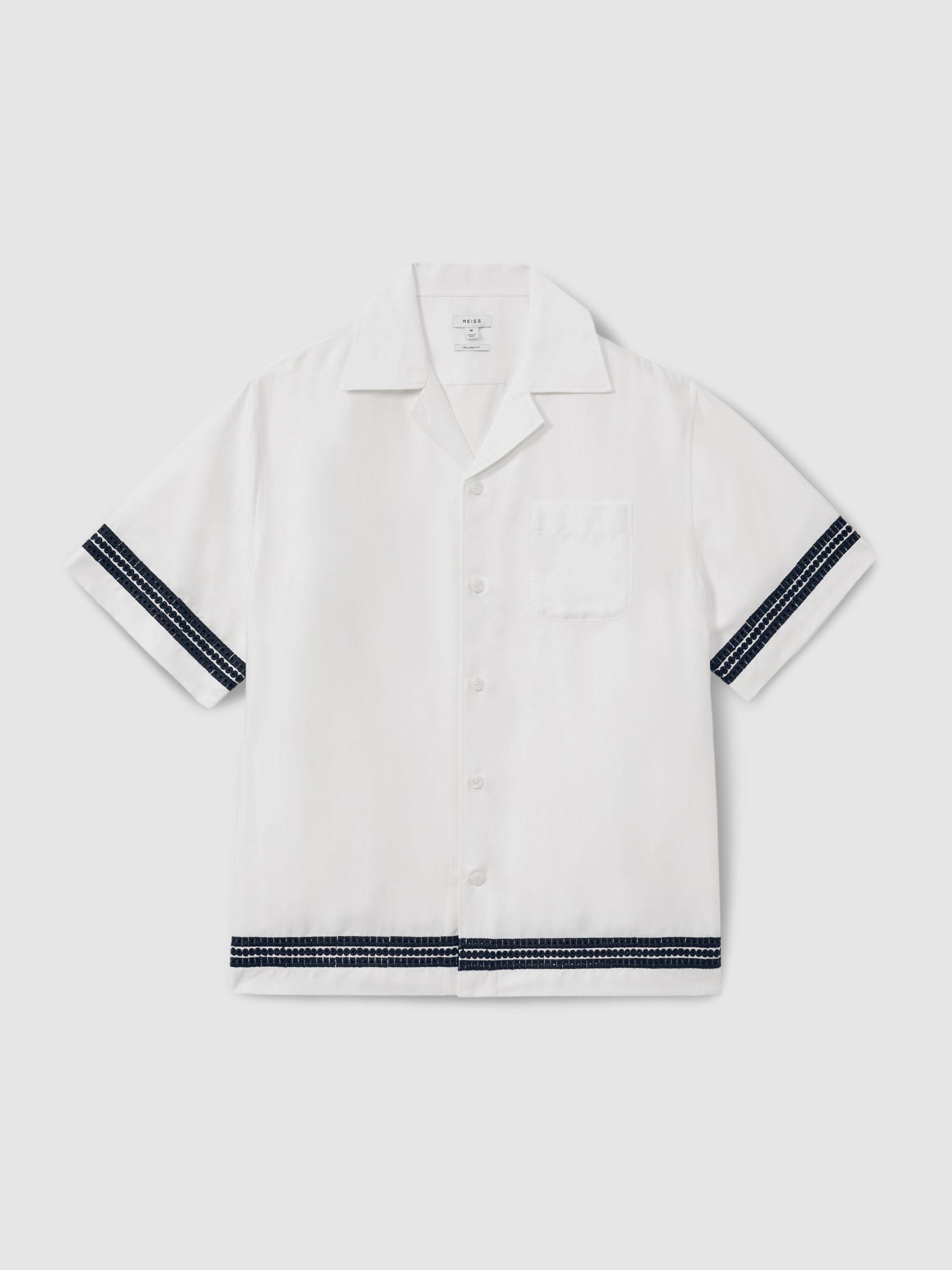 Relaxed Embroidered Trim Cuban Collar Shirt in White/Navy Product Image