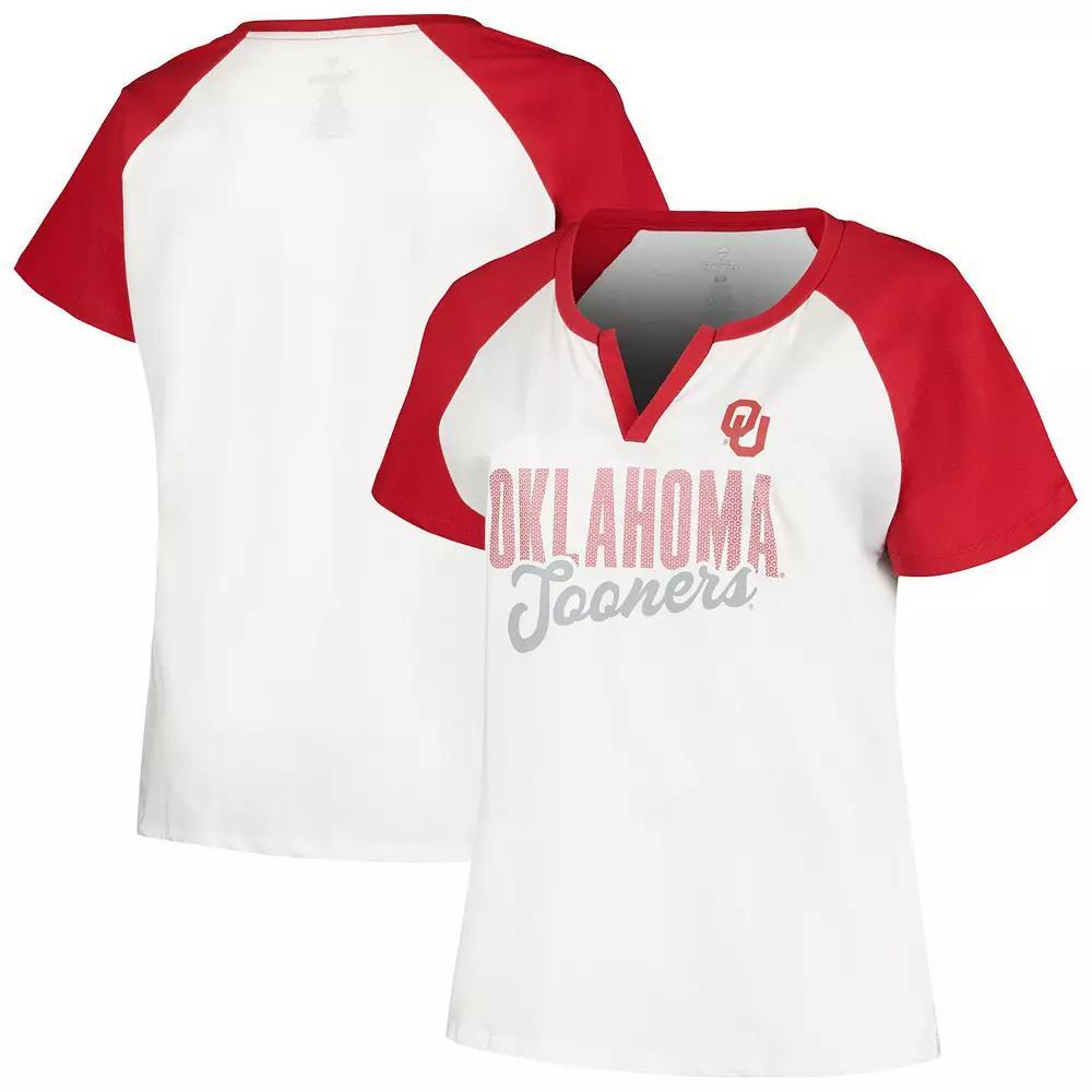 Women's Profile White/Crimson Oklahoma Sooners Plus Size Best Squad Shimmer Raglan Notch Neck T-Shirt, Size: 4XL Product Image