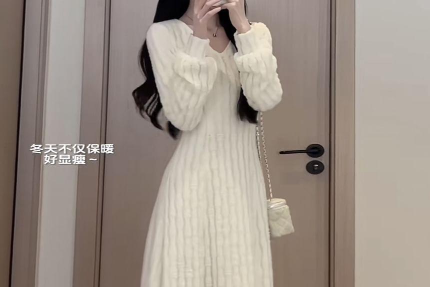 Long-Sleeve V-Neck Mock Two-Piece Asymmetrical Lace Panel Layered Midi A-Line Knit Dress / Mock Neck Dress Product Image