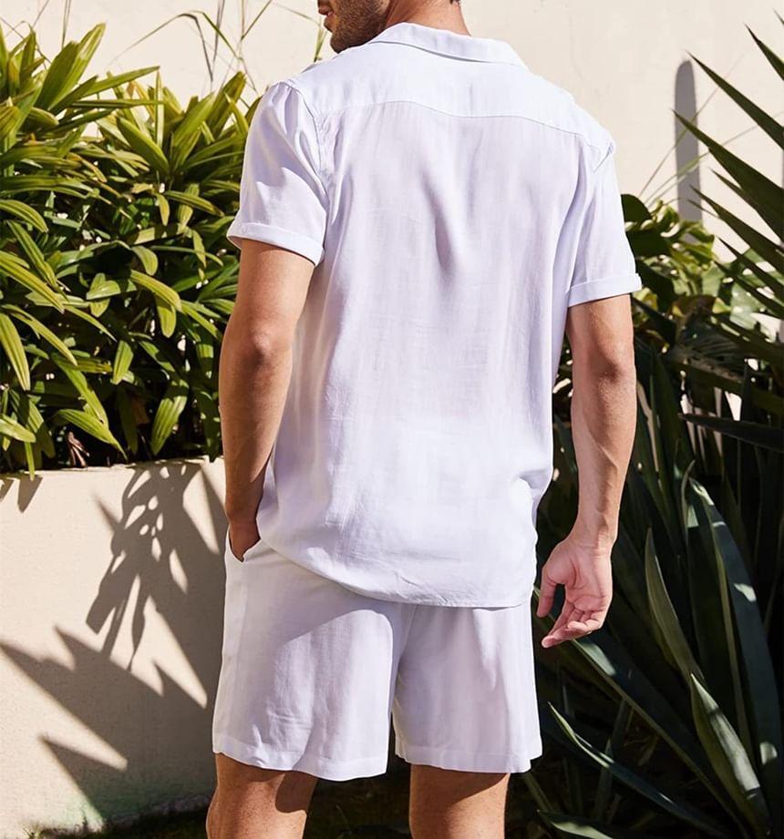 Set: Short-Sleeve Lapel Collar Plain Pocket Detail Shirt + Drawstring Waist Shorts Product Image