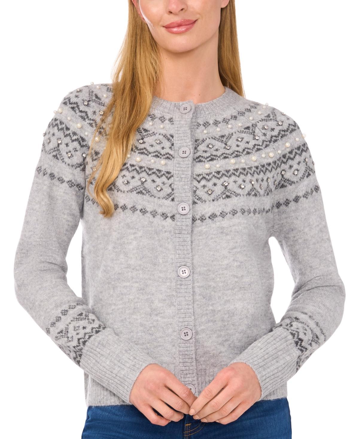 CeCe Womens Embellished Fair Isle Cardigan Product Image