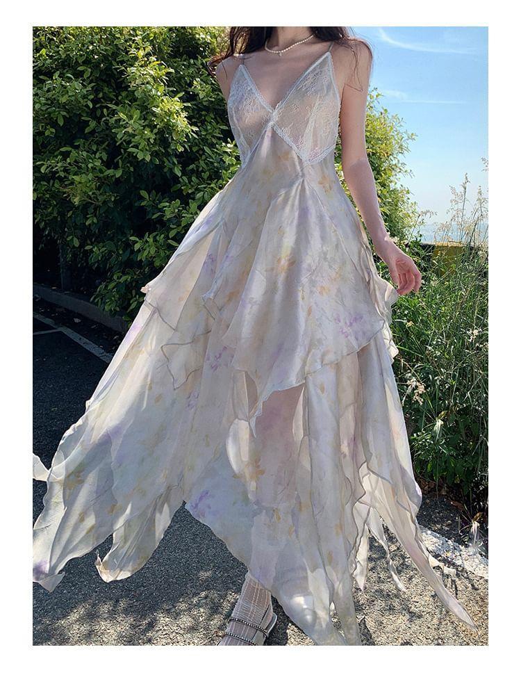 Spaghetti Strap V-Neck Tie Dye Asymmetrical Layered Open Back A-Line Dress Product Image