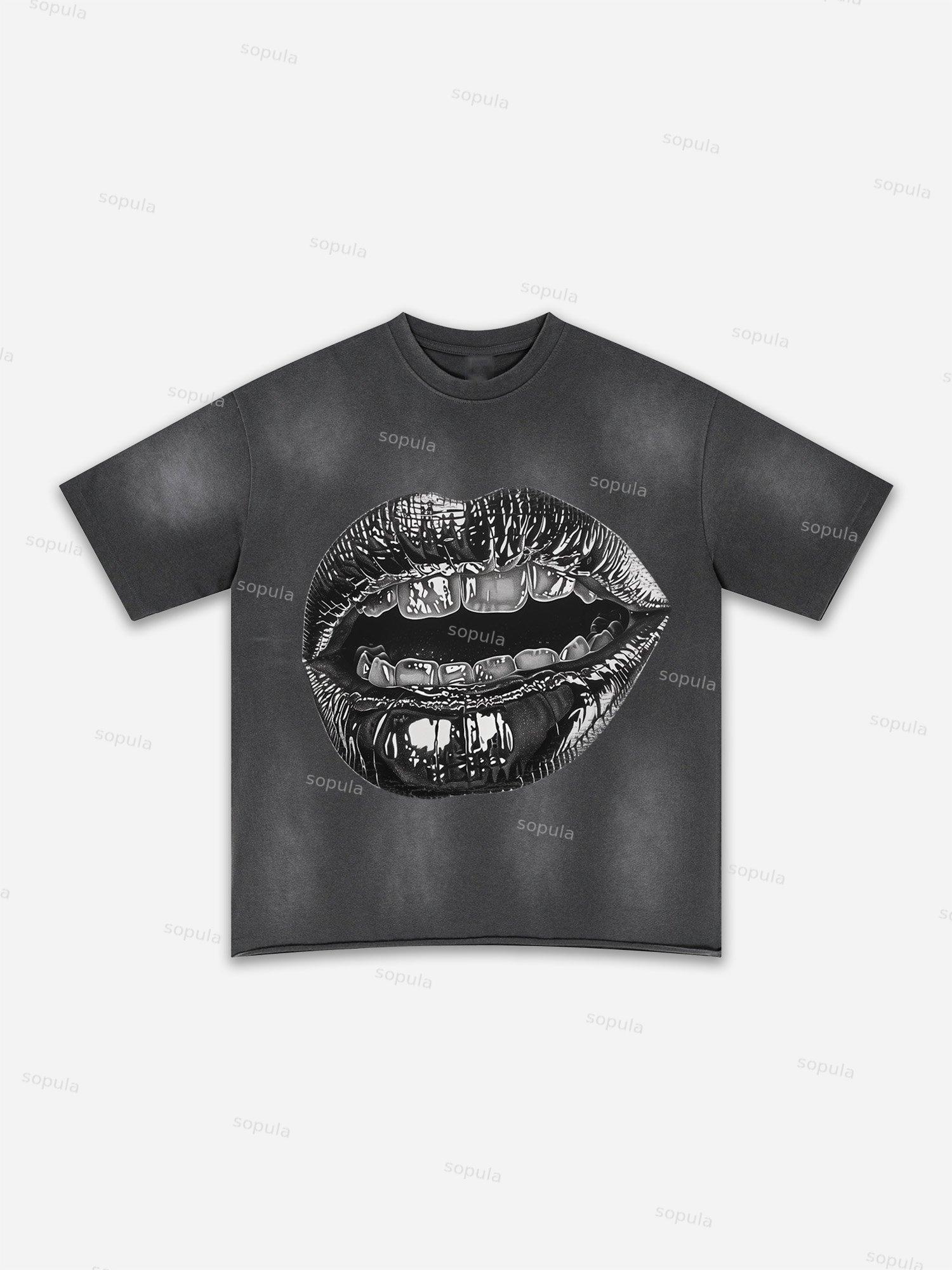 Lips Graphic Print Washed T-shirt Product Image