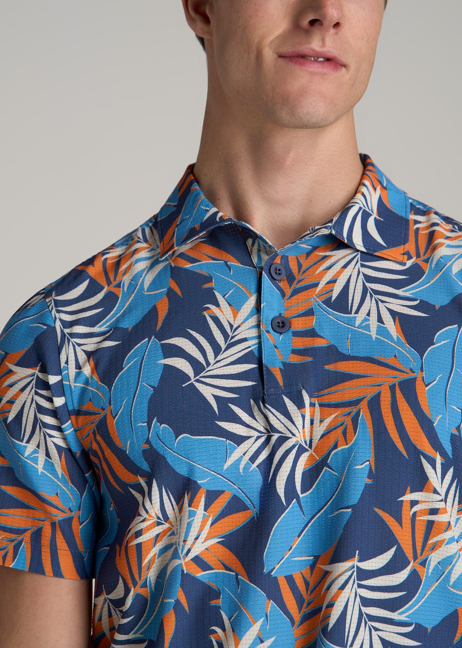 Coastal Perforated Tall Men's Polo Shirt in Blue and Orange Palms Product Image