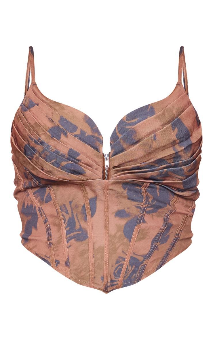Mocha Floral Printed Strappy Pleated Bust Corset Detail Crop Top Product Image