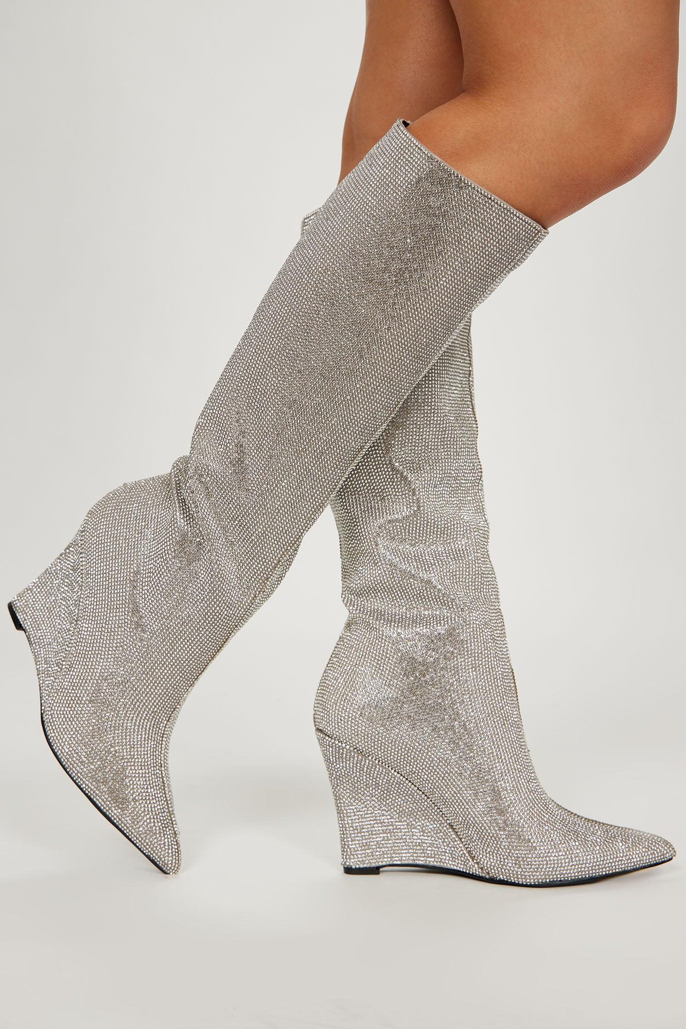 All The Glam Rhinestone Knee High Boots - Silver Product Image