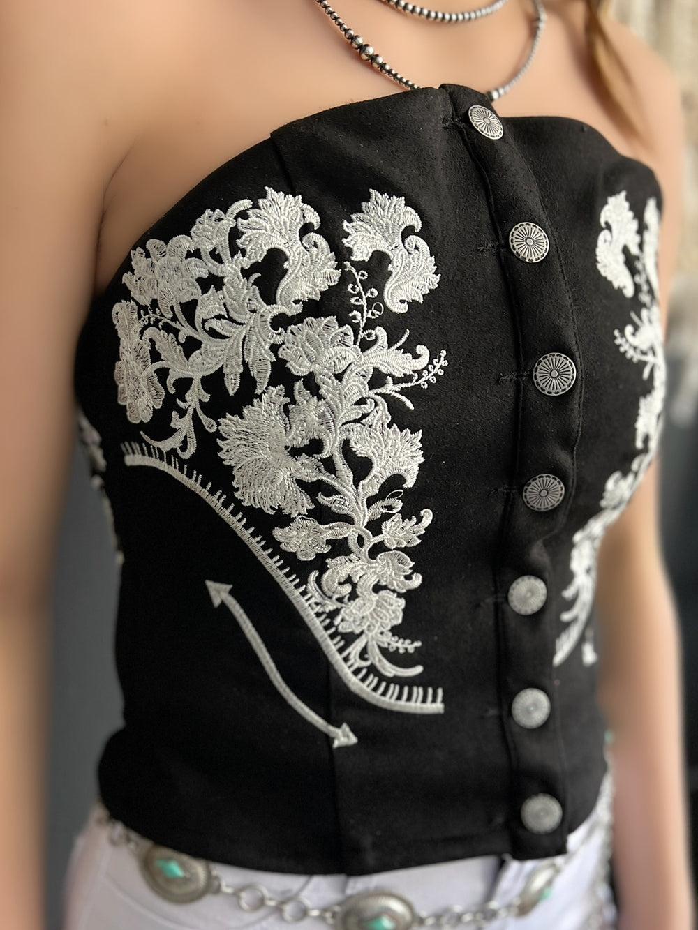 Black Suede Embroidered Front Button Tube Top Product Image