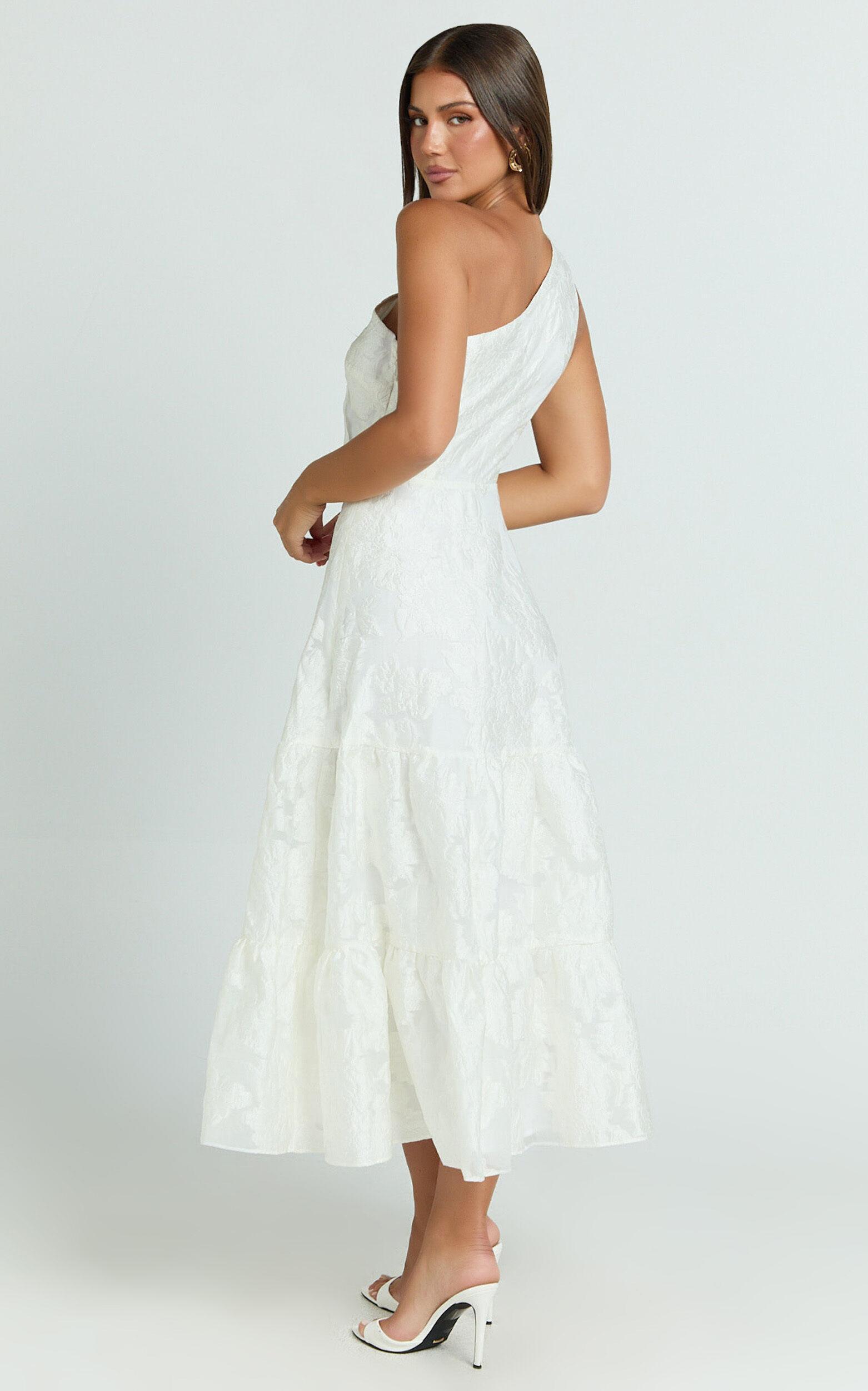 Nadette Midi Dress - One Shoulder Pleated Tiered Dress in White Product Image