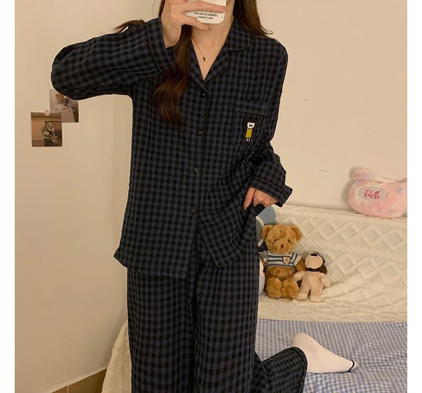 Pajama Set: Gingham Button-Up Shirt + Pants Product Image
