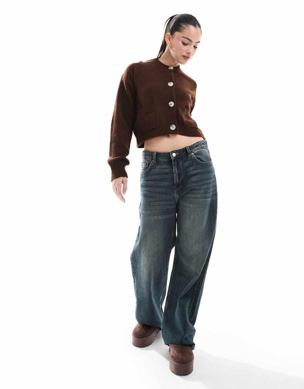 Miss Selfridge seam detail crew neck boxy cardigan in chocolate Product Image
