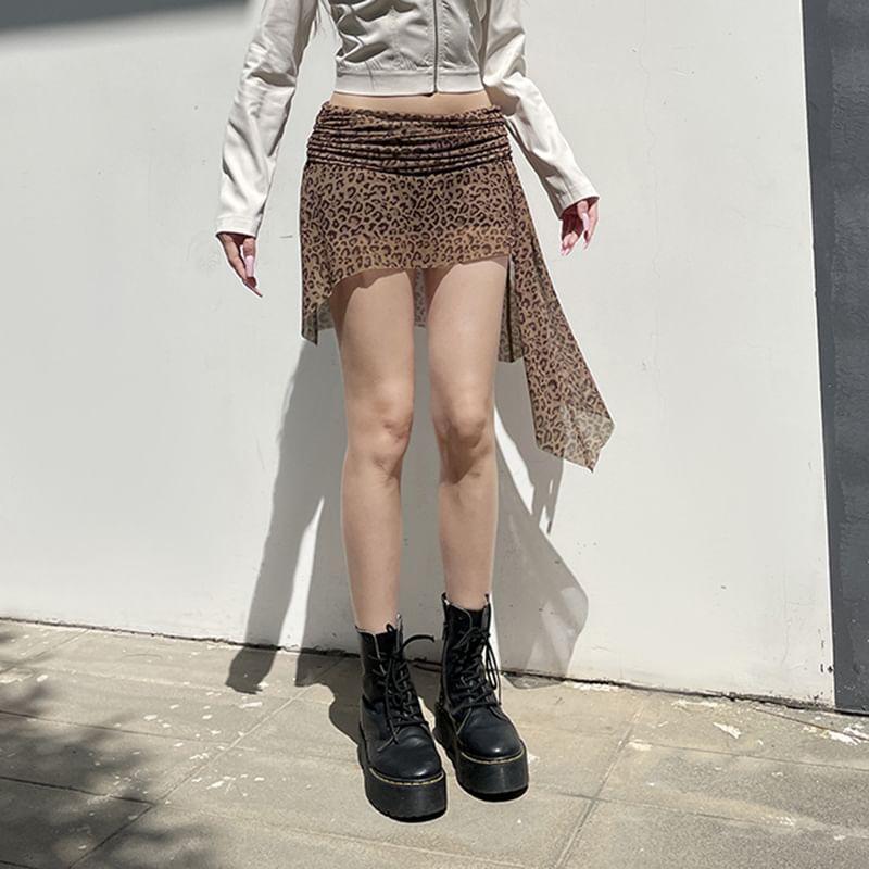 Mid Waist Leopard Print Asymmetrical Mini Pencil Skirt Product Image