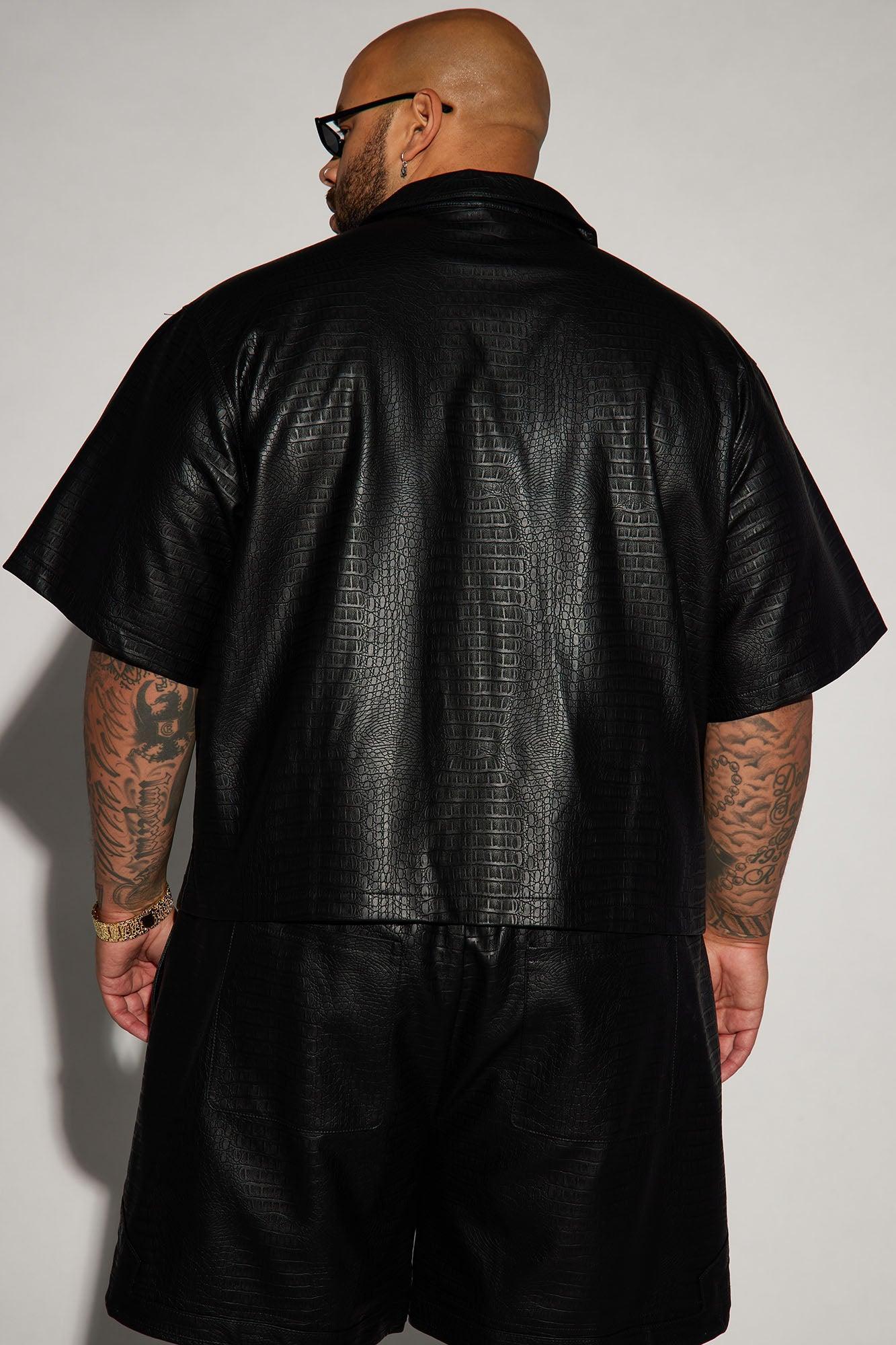 Gotta Run Faux Croc Leather Cropped Button Up Shirt - Black Product Image
