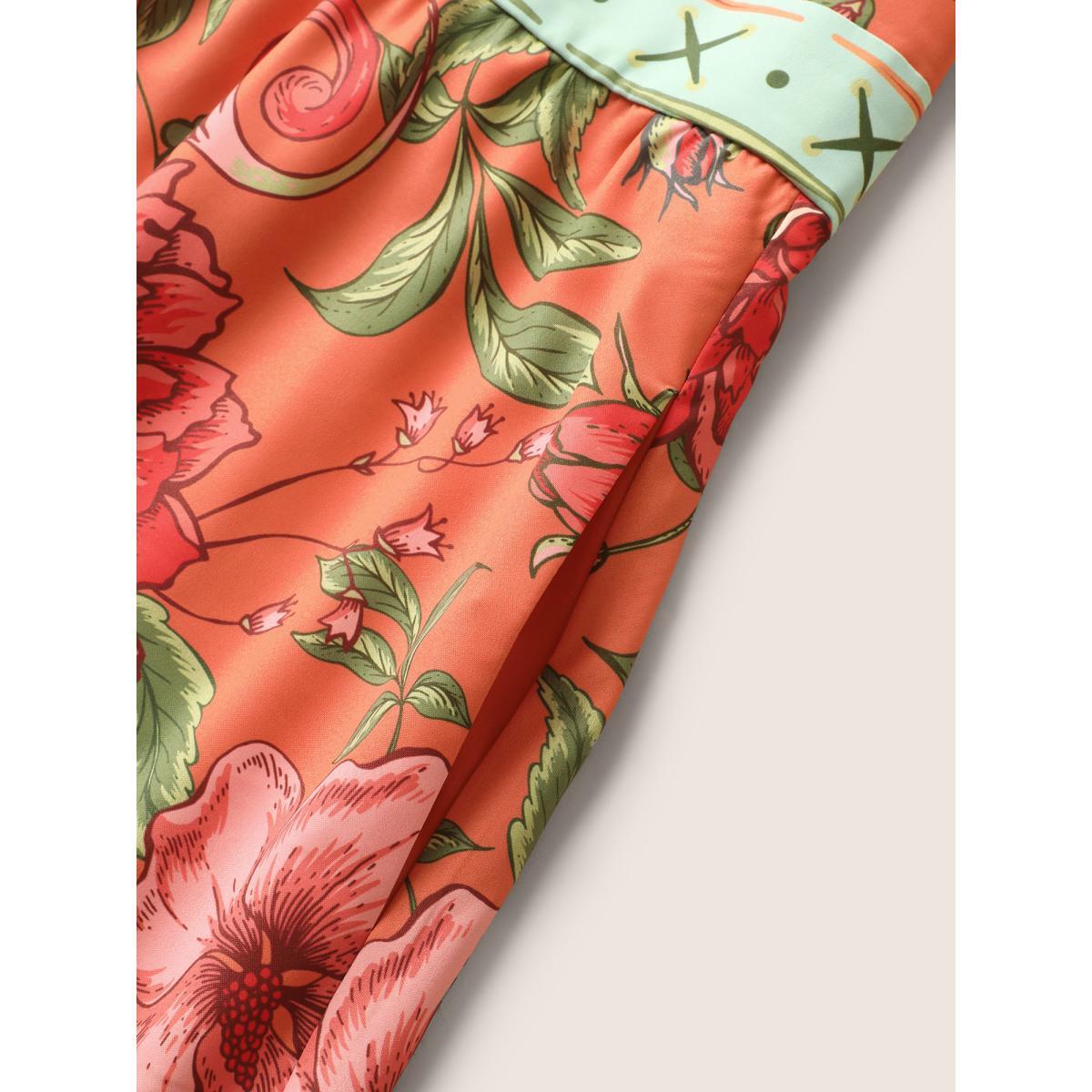 Plus Size Floral Print Elastic Waist Shirred Cami Dress Salmon Women Resort Non V-neck Sleeveless Curvy BloomChic 28/5X Product Image