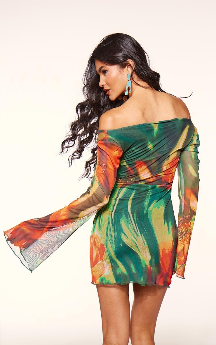 Multi Abstract Flower Printed Mesh Cut Out Mini Dress Product Image