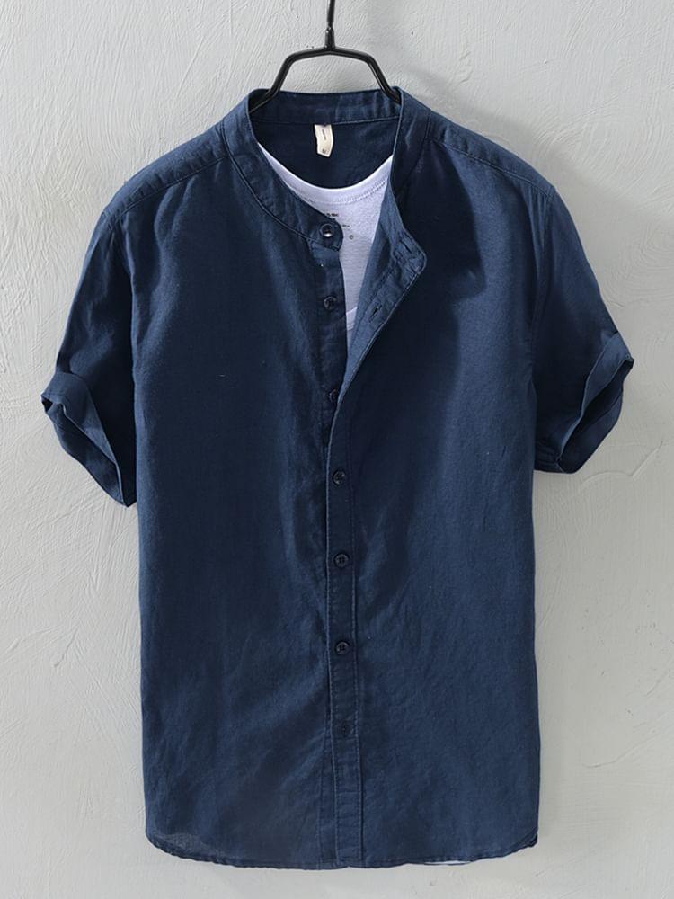 Short-Sleeve Band Collar Plain Shirt Product Image