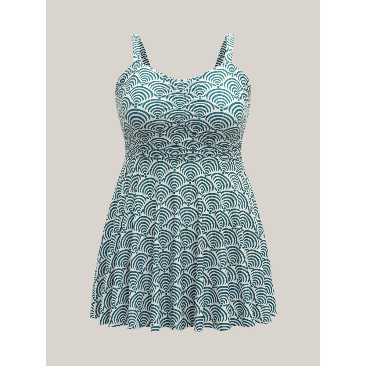 Plus Size Shell Print Ruched Swim Dress Women's Swimwear Beige Beach Bodycon Heart neckline High stretch Curve Swim Dresses BloomChic 28/5X Product Image