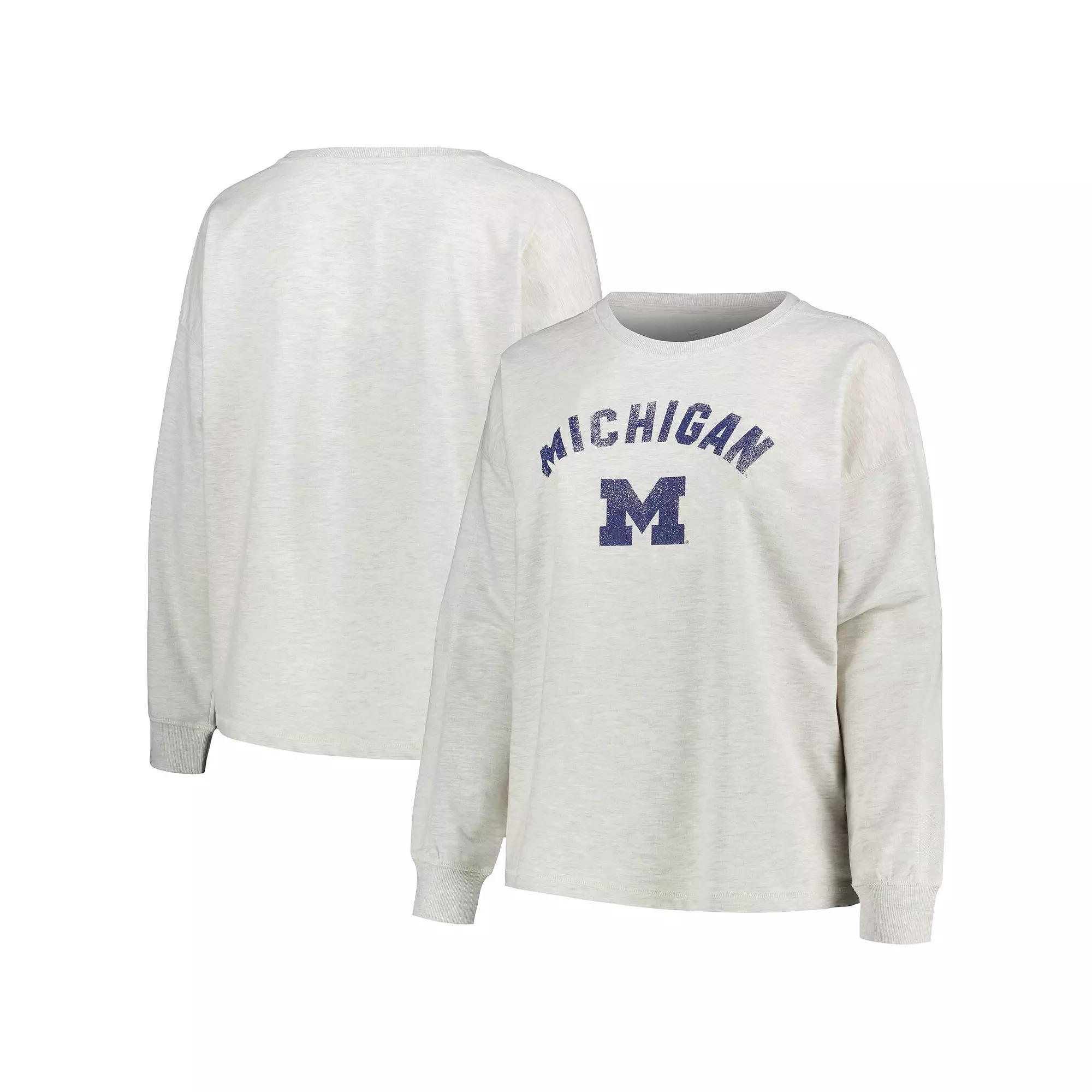 Women's Profile Oatmeal Michigan Wolverines Plus Size Distressed Arch Over Logo Neutral Boxy Pullover Sweatshirt, Size: 1XL, Team Product Image