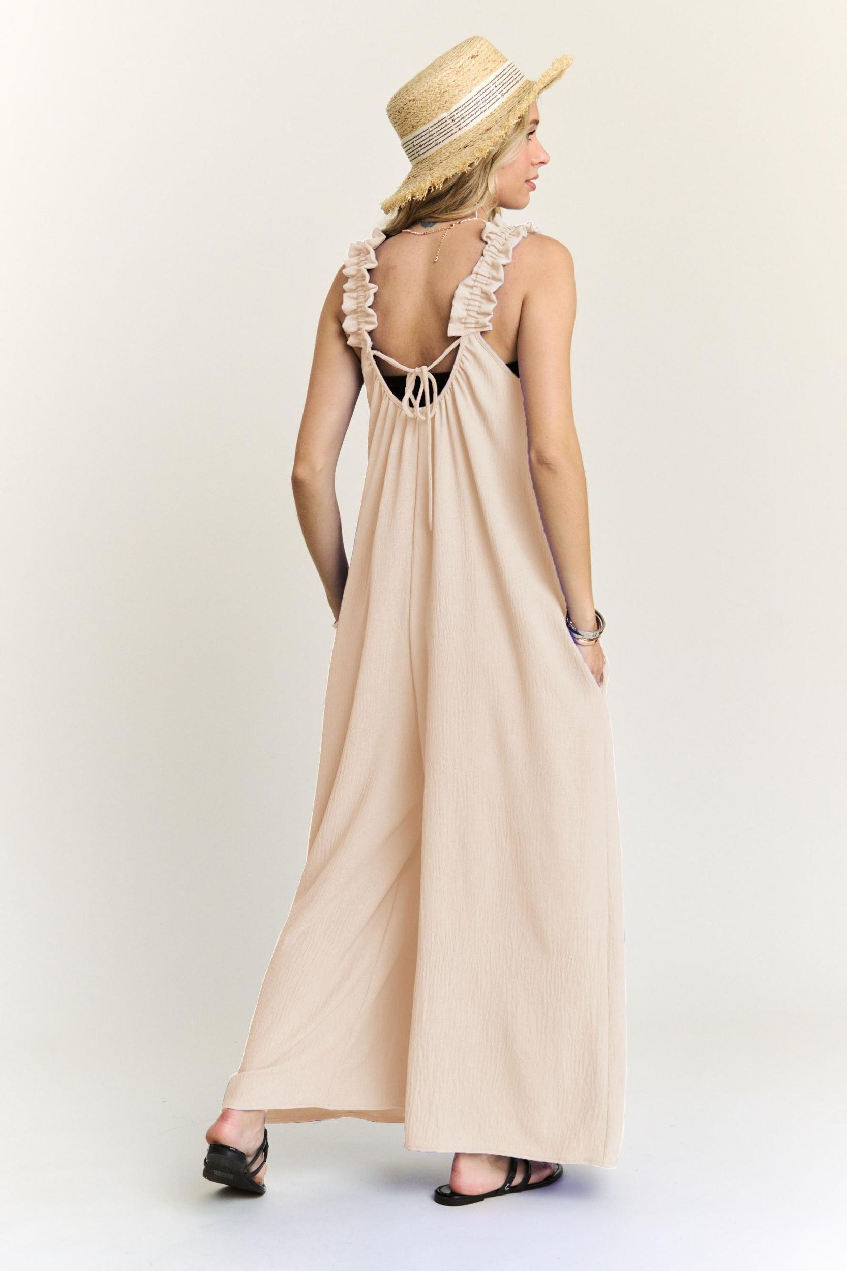 ELASTIC RUFFLE SHOULDER JUMPSUIT Product Image