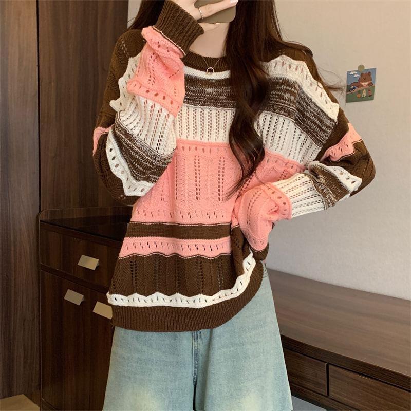 Crew Neck Striped Pointelle Knit Oversized Sweater Product Image