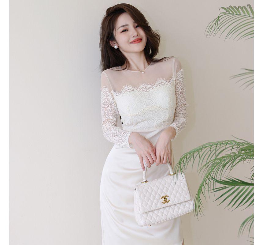 Long-Sleeve Round Neck Plain Ruched Asymmetrical Satin Panel Lace Sheath Dress Product Image