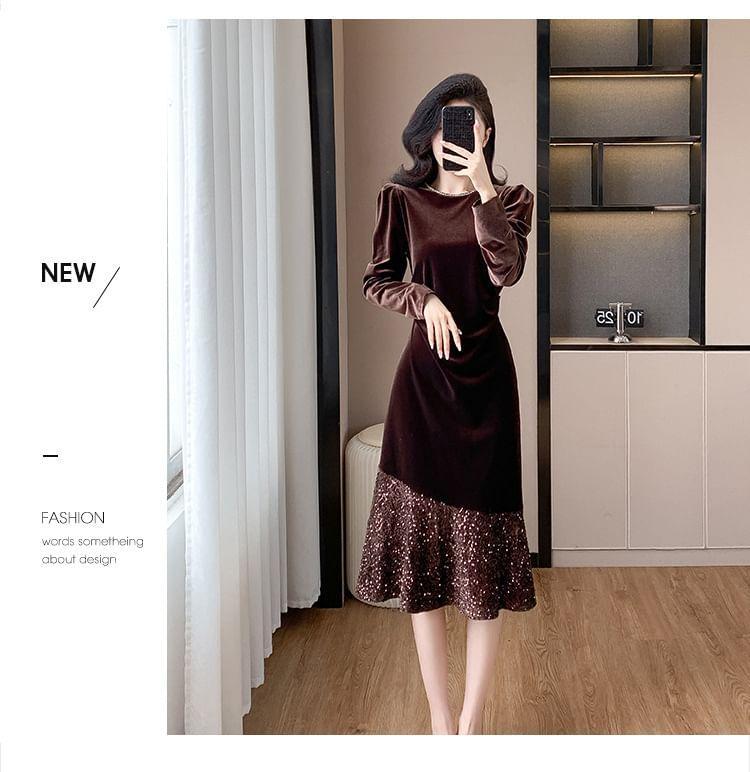 Long Sleeve Round Neck Velvet Sequin Hem Midi A-Line Dress Product Image