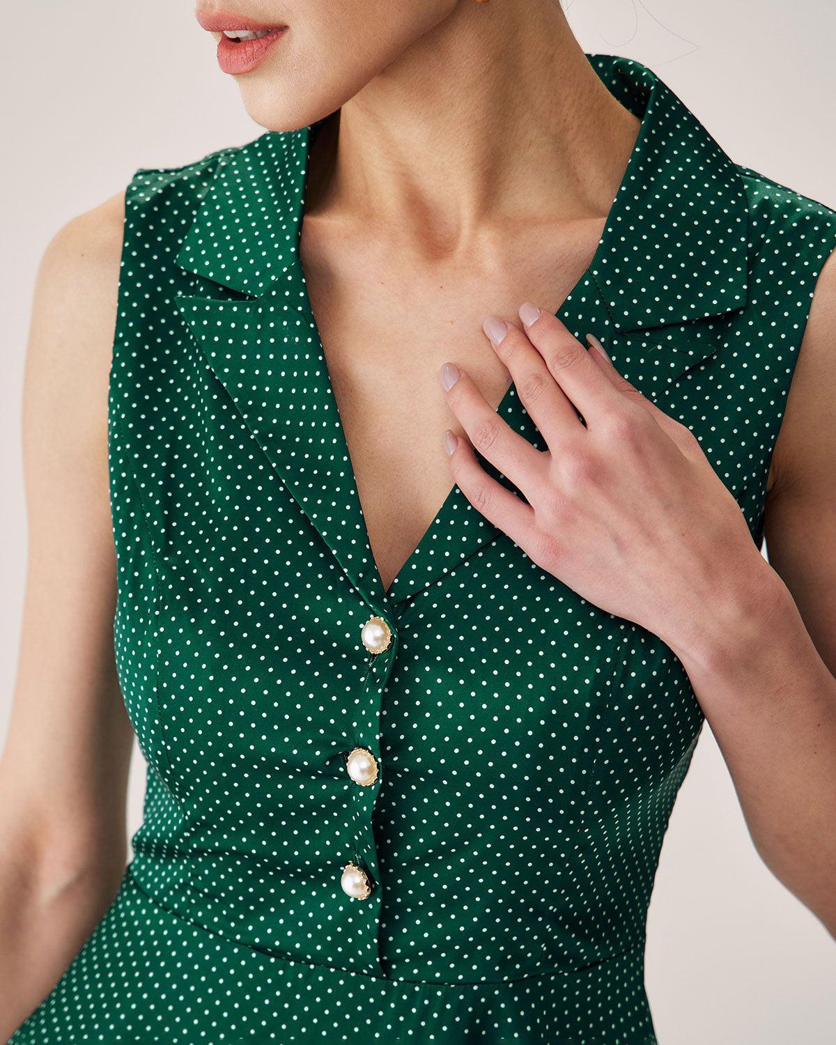 Green Polka Dot Sleeveless Midi Dress Product Image