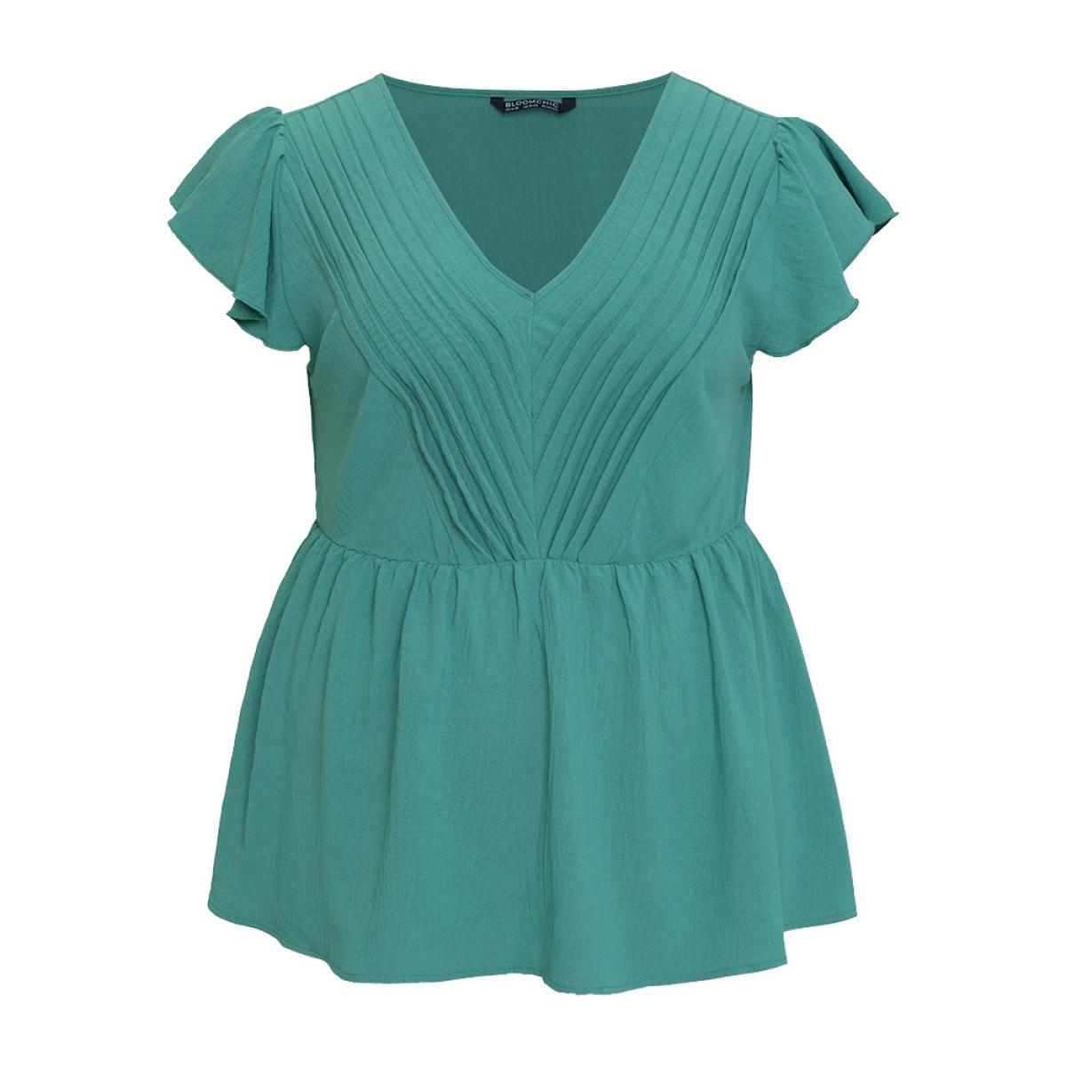 Plus Size Mint Solid Pleated Flutter Cap Sleeve Blouse Women Elegant Cap Sleeve V-neck Dailywear Blouses BloomChic 10/M Product Image