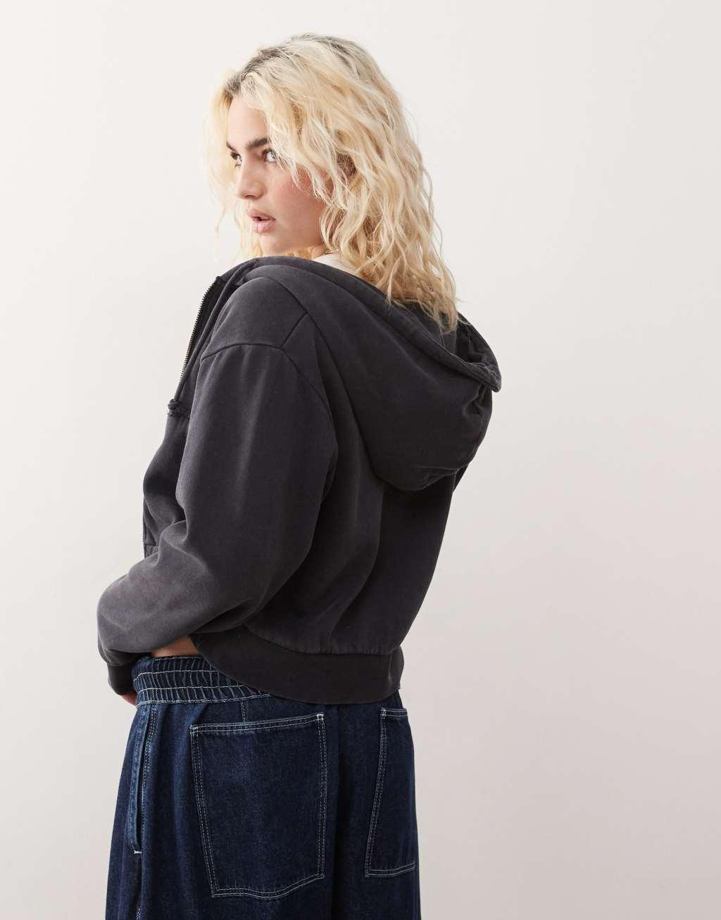 Monki cropped oversized zip up hoodie in washed black Product Image