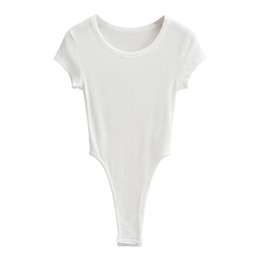Short-Sleeve Round Neck Plain Ribbed Bodysuit Top Product Image