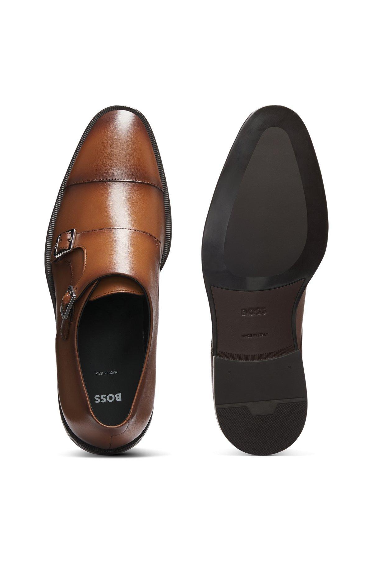 BOSS - Leather double-monk shoes with cap toe - Brown Product Image