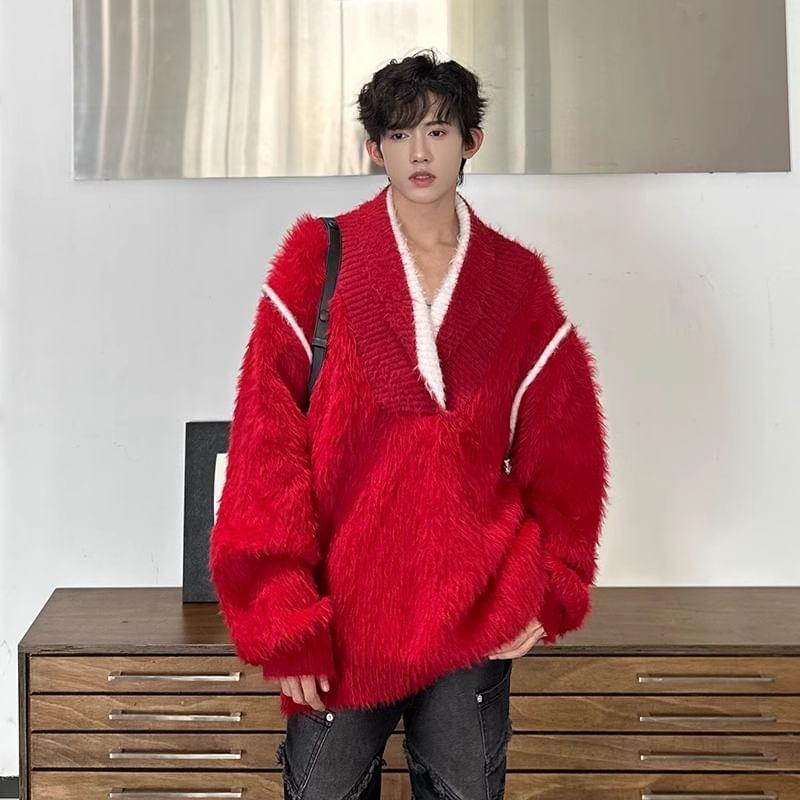 V-Neck Contrast Trim Fluffy Sweater Product Image