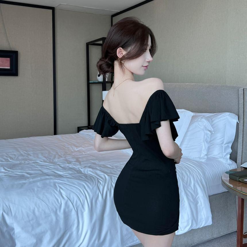 Cap-Sleeve Sweetheart Neckline Plain Asymmetrical Ruffle Trim Mini Bodycon Dress Product Image