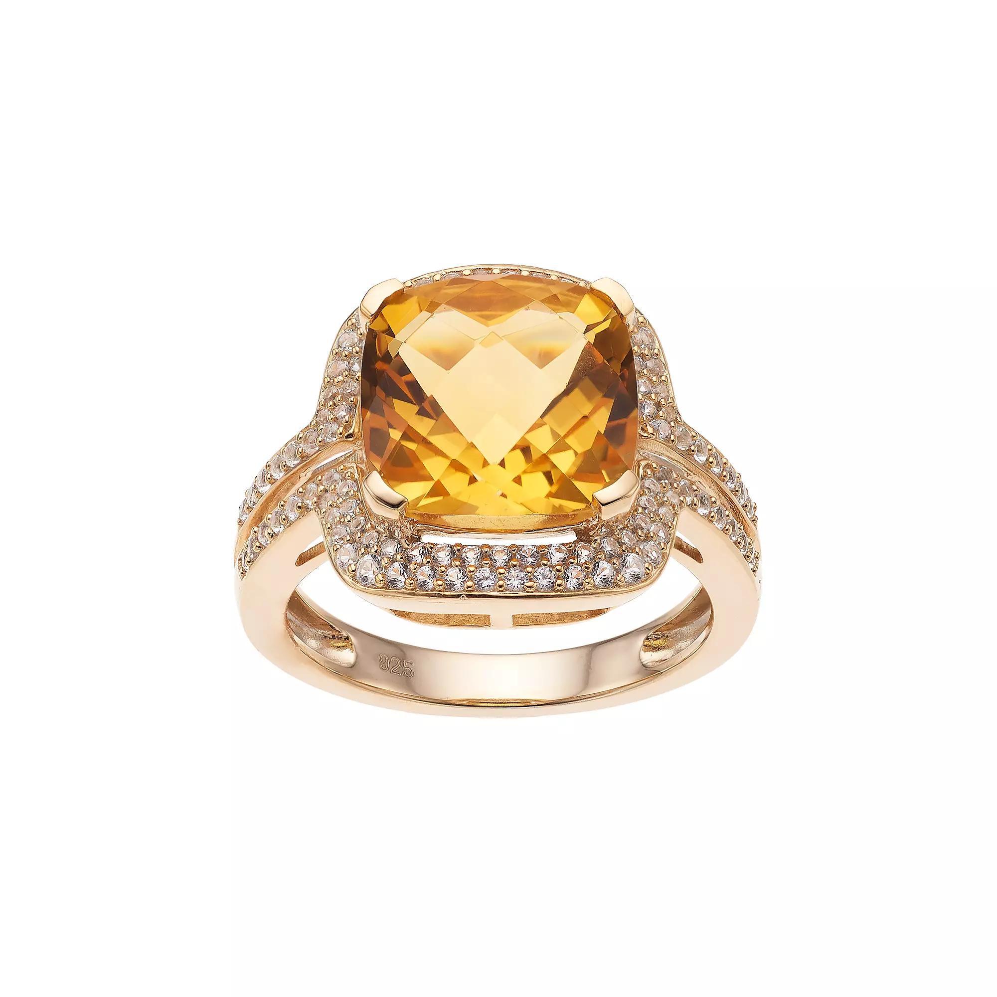 14k Gold Over Silver Citrine & Lab-Created White Sapphire Square Halo Ring, Women's, Size: 6, Sterling Product Image