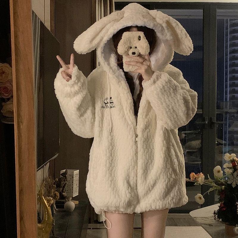 Rabbit Ear Accent Drawstring Hooded Fleece Zip Jacket Product Image